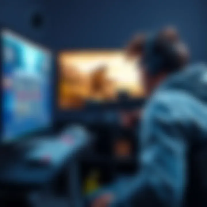 A gamer focused on improving shooting skills using an aim trainer on their computer while a game runs in the background