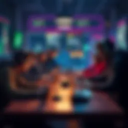 A group of gamers discussing build strategies at a table with laptops and game peripherals