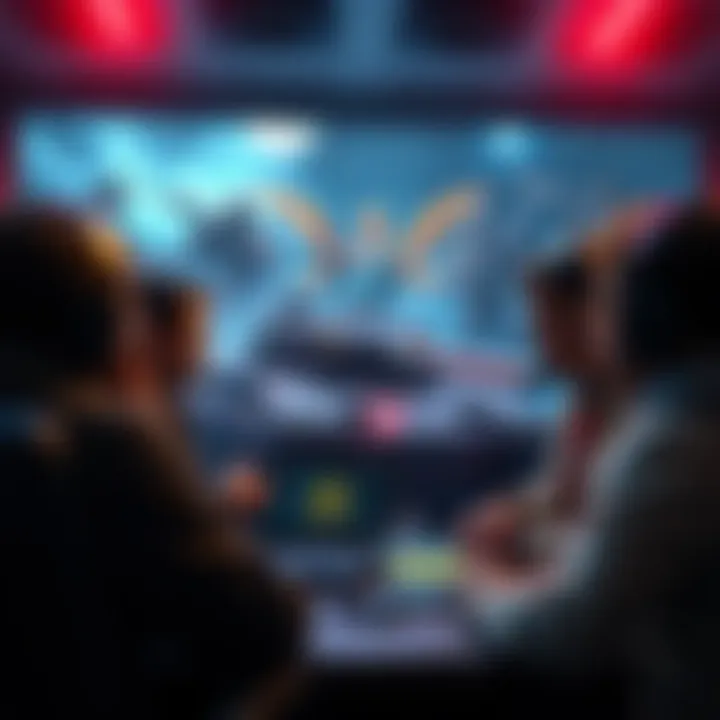 Gamers Strategizing for Tank Roles Group of gamers discussing strategies for playing tank roles in a game, with characters on screen representing tank classes