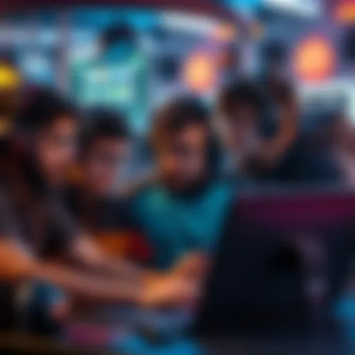 A diverse group of gamers using headsets and laptops, collaborating on strategies in a virtual game environment