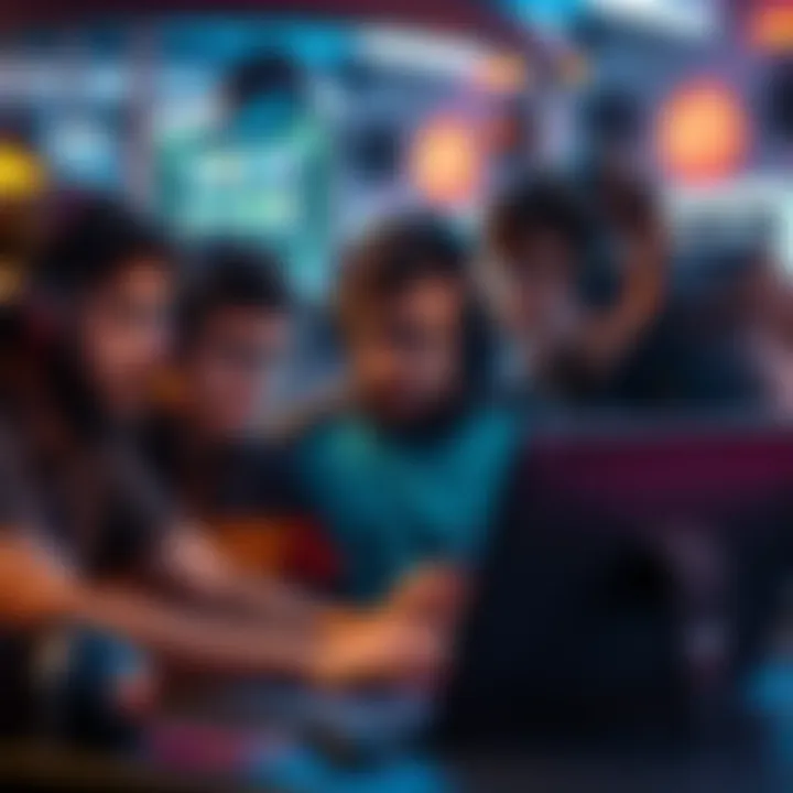 A diverse group of gamers using headsets and laptops, collaborating on strategies in a virtual game environment