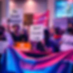 A group of gamers expressing their wish for more cosmetic options in a game, holding signs and banners in a lively atmosphere