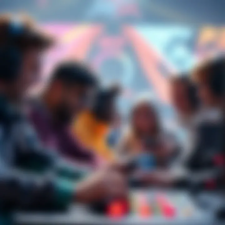 A diverse group of gamers collaborating to beat a challenge in a video game, showing teamwork and excitement.