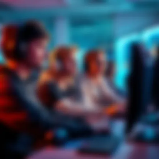 A group of gamers at a computer screen, showing a shift in emotions from relaxed and friendly to intense and focused during gameplay.