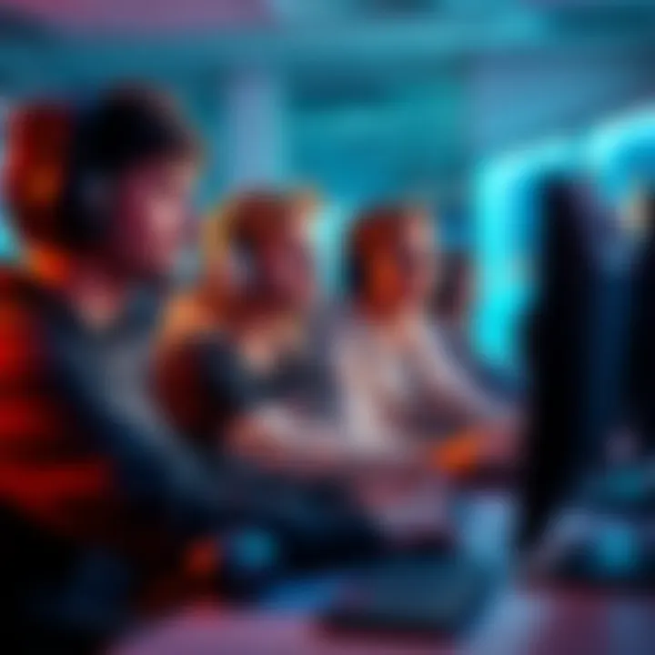 A group of gamers at a computer screen, showing a shift in emotions from relaxed and friendly to intense and focused during gameplay.