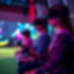 A group of people wearing VR headsets play a virtual reality sports game together, showcasing immersive gameplay with motion controls.