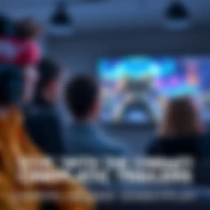 A group of gamers looking frustrated at flashy gameplay trailers on screens, calling for authentic gameplay footage
