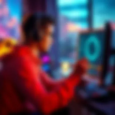 A gamer sitting in front of a PC monitor adjusting graphics settings, focused on improving clarity