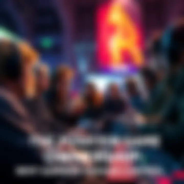 A group of gamers discussing digital game ownership at a gaming event, holding controllers and expressing their views.