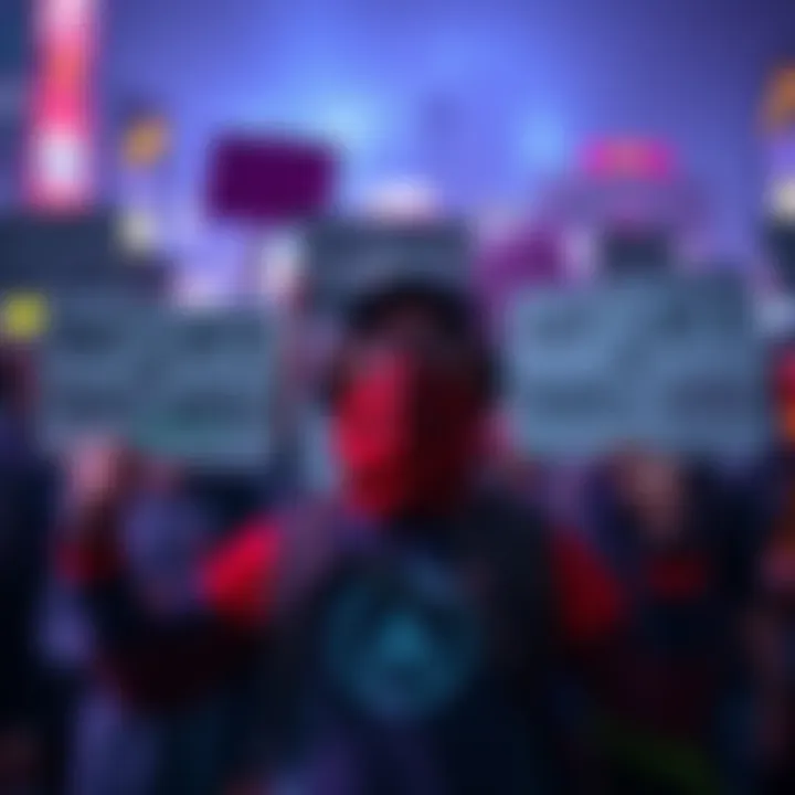 A group of gamers holding signs promoting third-person perspective and open-world design in video games, showing passion for tactical gameplay.