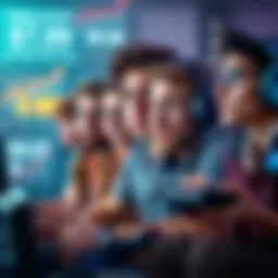 A group of gamers looks concerned while playing video games, surrounded by graphics showing rising prices and layoffs