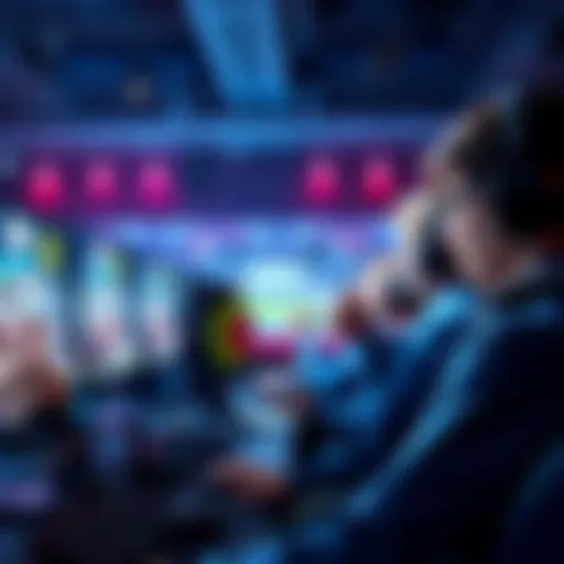 A group of gamers at a computer station giving thumbs up to an opposing player on screen, showcasing sportsmanship in competition.
