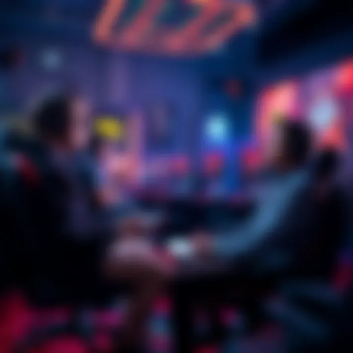 A group of gamers engaging in lively discussion about upcoming balance patch changes, with gaming chairs and consoles in the background.