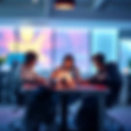 A group of gamers sitting around a table with laptops, discussing BIOS updates for multiplayer gaming.