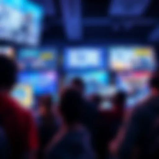 A group of gamers looking at multiple screens showing new Blizzard game titles like D2R and Overwatch