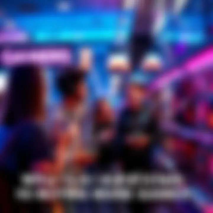 Gamers buying video games A group of gamers excitedly browsing a video game store filled with shelves of game titles.