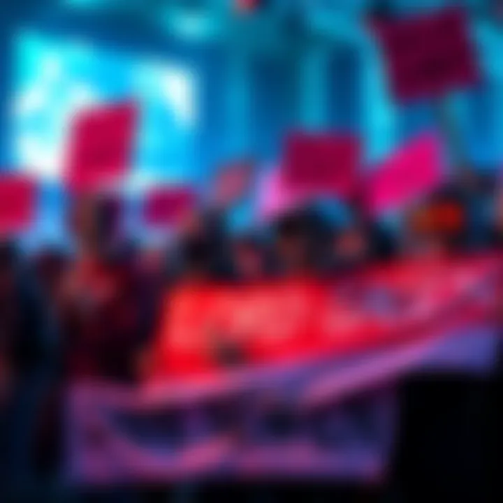 A group of gamers holding signs and banners appealing to Gabe Newell for improvements in gaming.