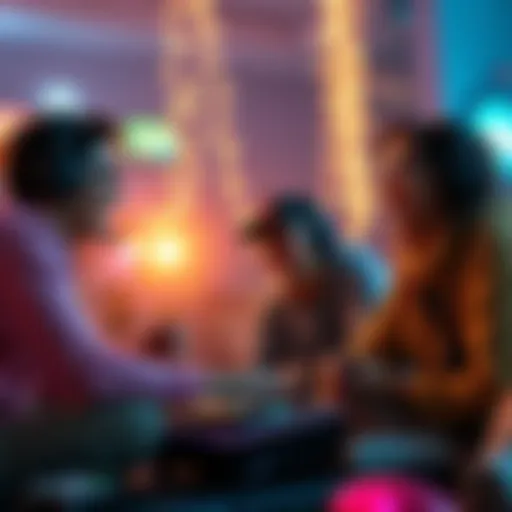 Group of gamers excitedly discussing strategies and experiences after reaching the endgame in a game