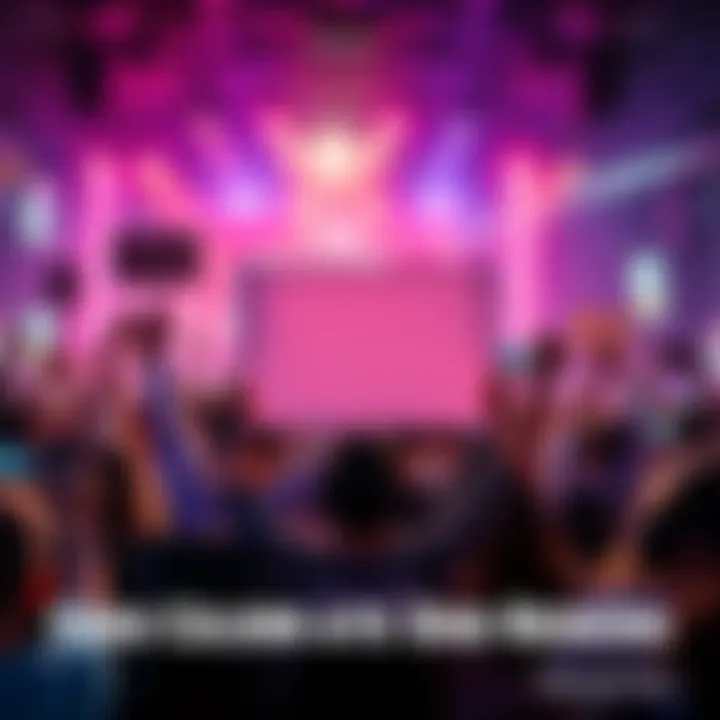 A group of excited gamers holding up signs and cheering in a colorful gaming setting