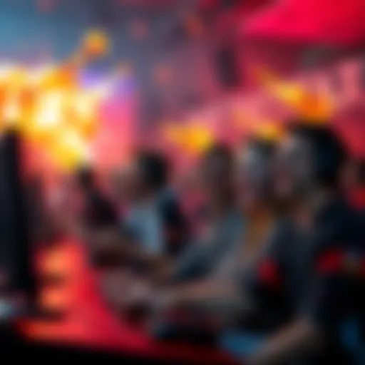 A group of gamers laughing and playing a chaotic video game, with explosions and funny character actions on screen
