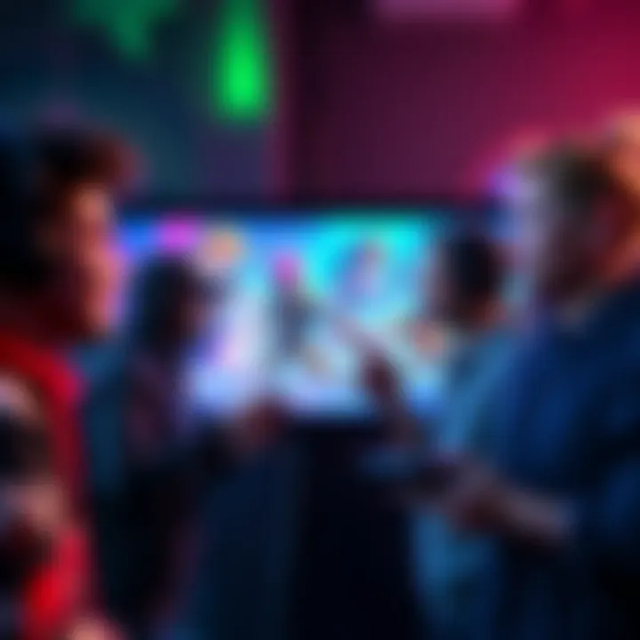 A group of gamers discussing their favorite character designs while pointing at colorful game art on a screen.