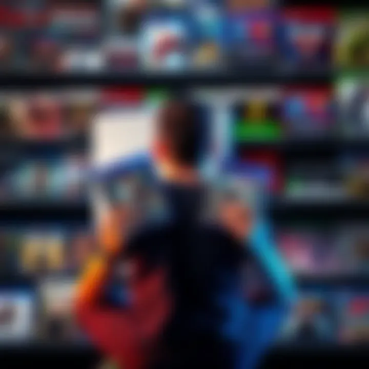 A person sits in front of a PS5 with two game cases in hand, looking contemplative about their choices, surrounded by a variety of game titles on a shelf.