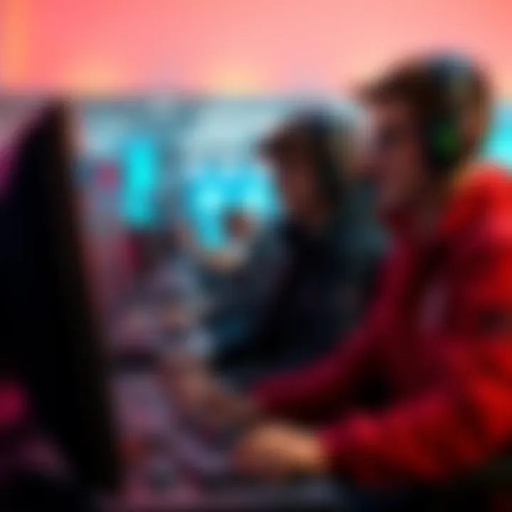 A group of gamers strategizing together, looking at their screens with determination as they aim to rank up from Platinum to Diamond in competitive gaming.