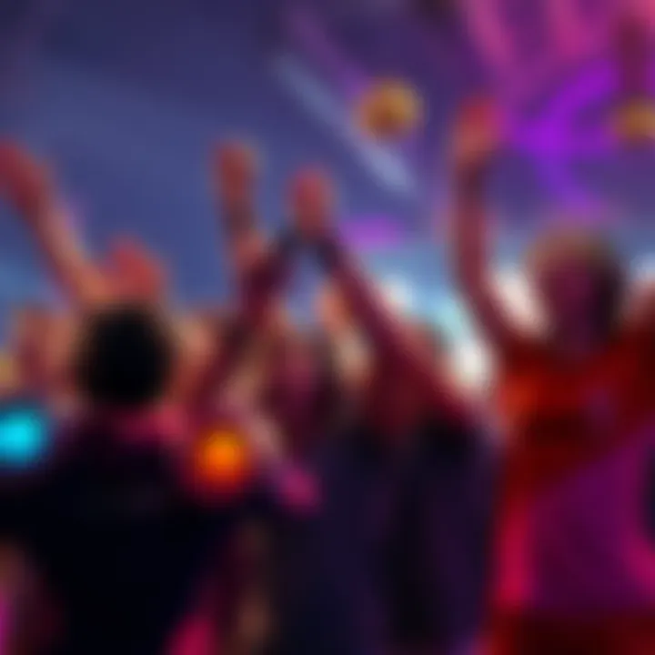 A group of gamers cheer together after a successful clutch play in a video game, showing excitement and camaraderie.