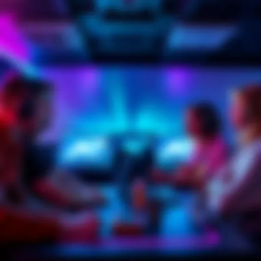 A group of gamers working together in a carebear lobby, sharing tips and strategies, showcasing teamwork and kindness.