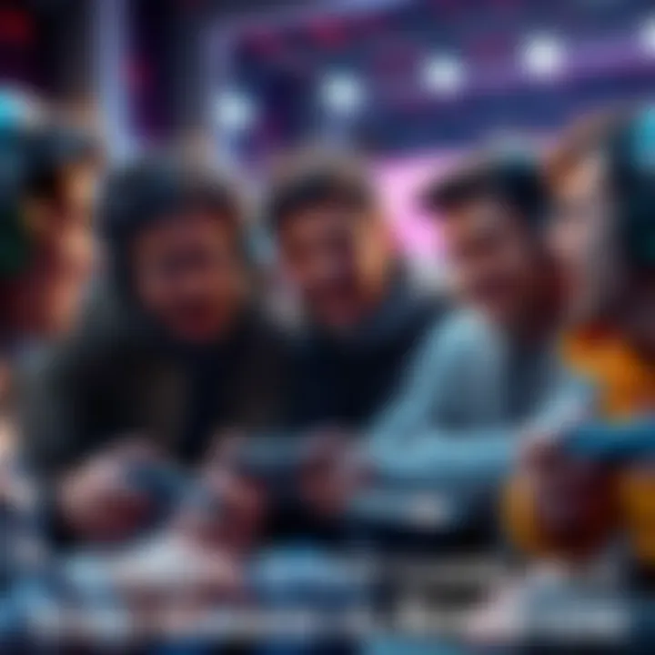 Gamers comparing video games A group of gamers discussing and comparing video game remakes and remasters, with eager expressions and game controllers in hand.