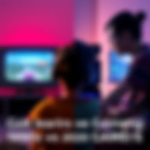 A side-by-side comparison of a 1990s gamer in front of a CRT monitor with a classic game and a modern gamer with a sleek setup playing a recent game on a flat screen.