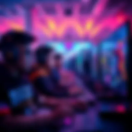 A group of diverse gamers playing competitively on screens, showcasing intense focus during a ranked match