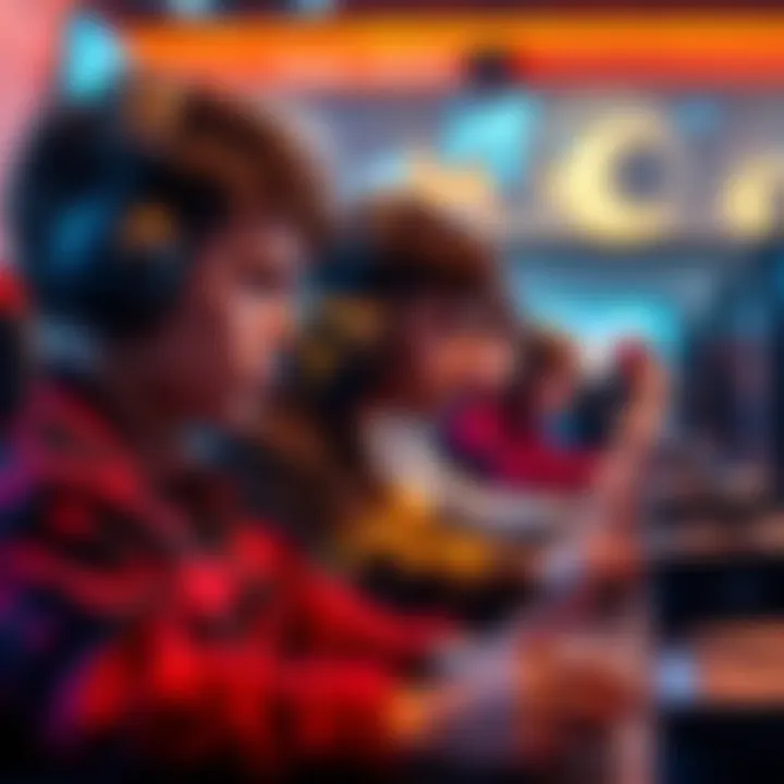 Gamers Competing in PVP Match Group of gamers focused on a competitive player-versus-player match, showcasing intense concentration and engagement