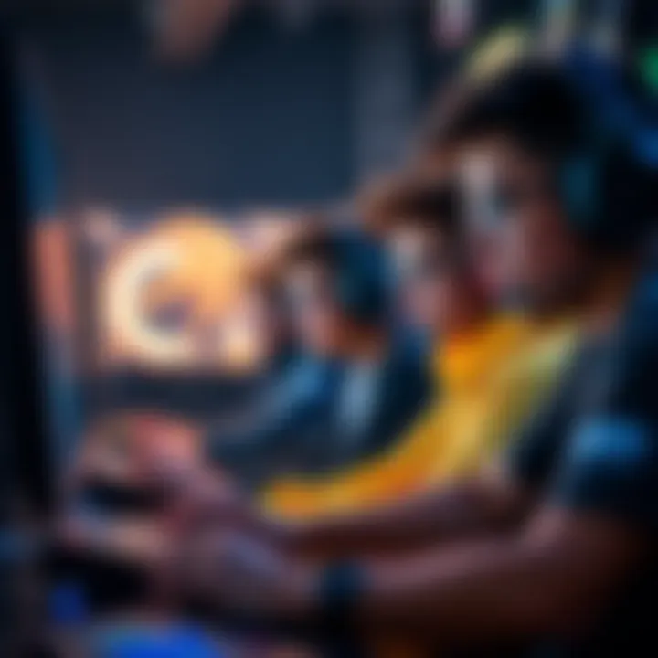 Gamers Competing in a Video Game A group of gamers intensely focused on a video game competition, showcasing their skills.
