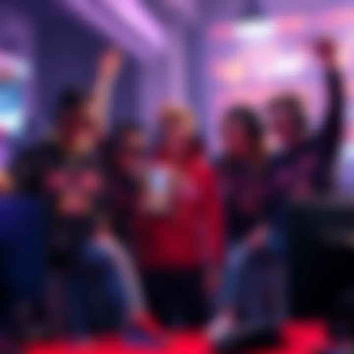 A group of five gamers celebrating their recent victories in a semi-competitive gameplay setting, showing camaraderie and teamwork.