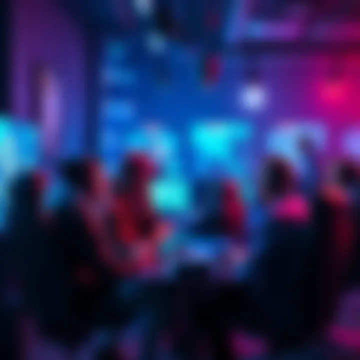 Gamers Connecting for Raids A group of gamers chatting and planning raids together online, with gaming gear and digital screens visible in the background.