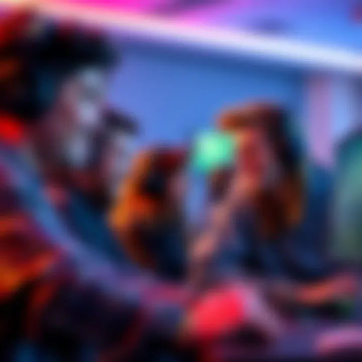 A group of gamers engaging in conversation on Discord, with gaming consoles and headsets in view.