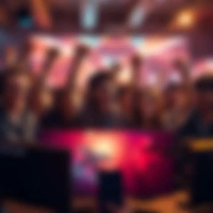 Team of Gamers Celebrating Co-Op Mode A group of enthusiastic gamers celebrating together in front of screens, excited about the launch of co-op mode in their favorite game.