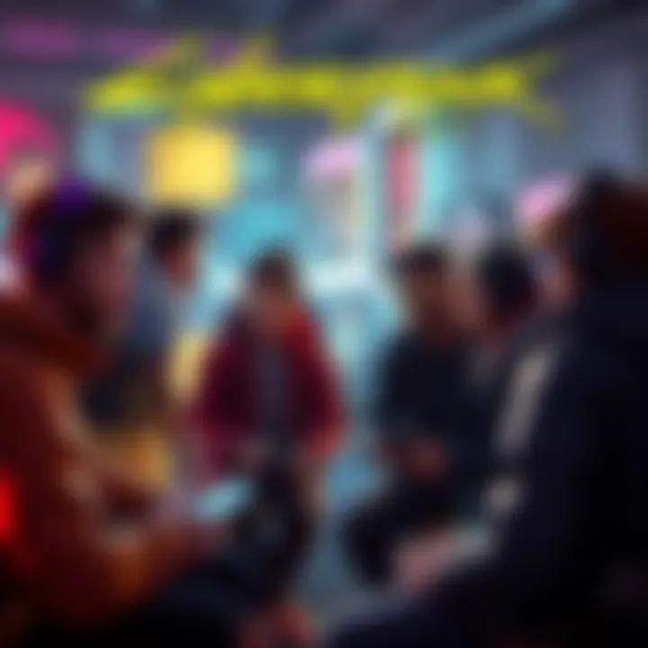 Gamers discussing Cyberpunk 2077 Group of gamers sharing experiences about bugs in Cyberpunk 2077 launch