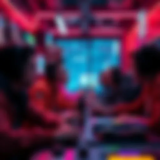 A group of gamers enjoying a Cyberpunk-themed gaming session, surrounded by neon lights and futuristic decor.