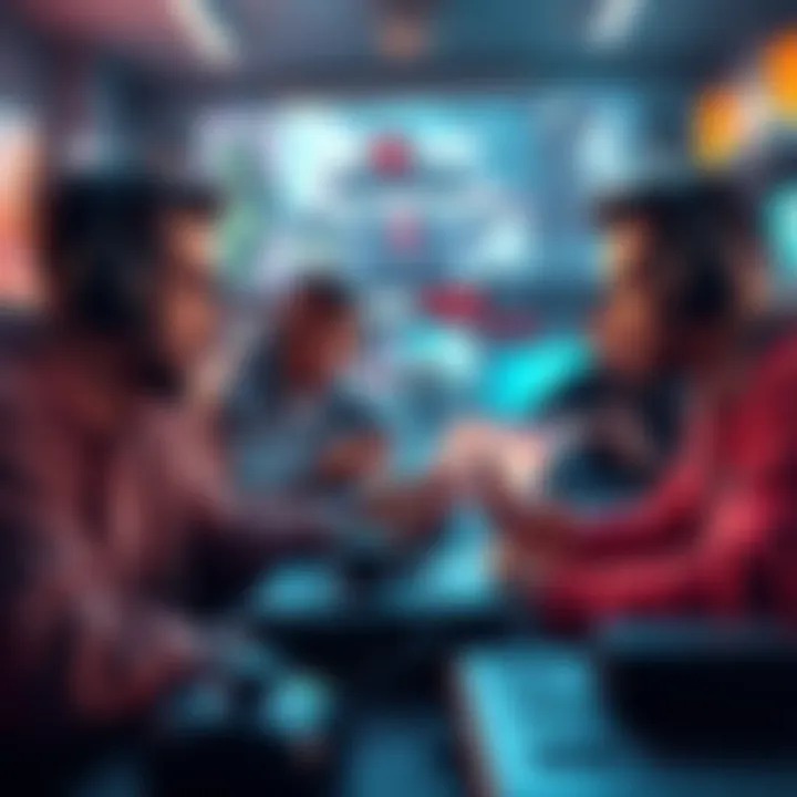 A group of gamers passionately discussing the difficulty of various video games, surrounded by consoles and game covers.