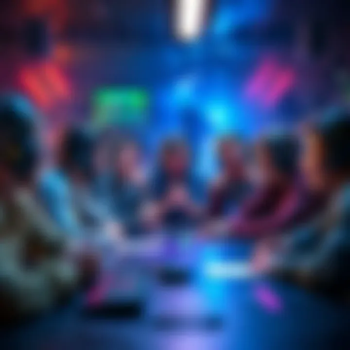 A group of gamers discussing which game item to remove, with expressions of excitement and thoughtfulness around a table.