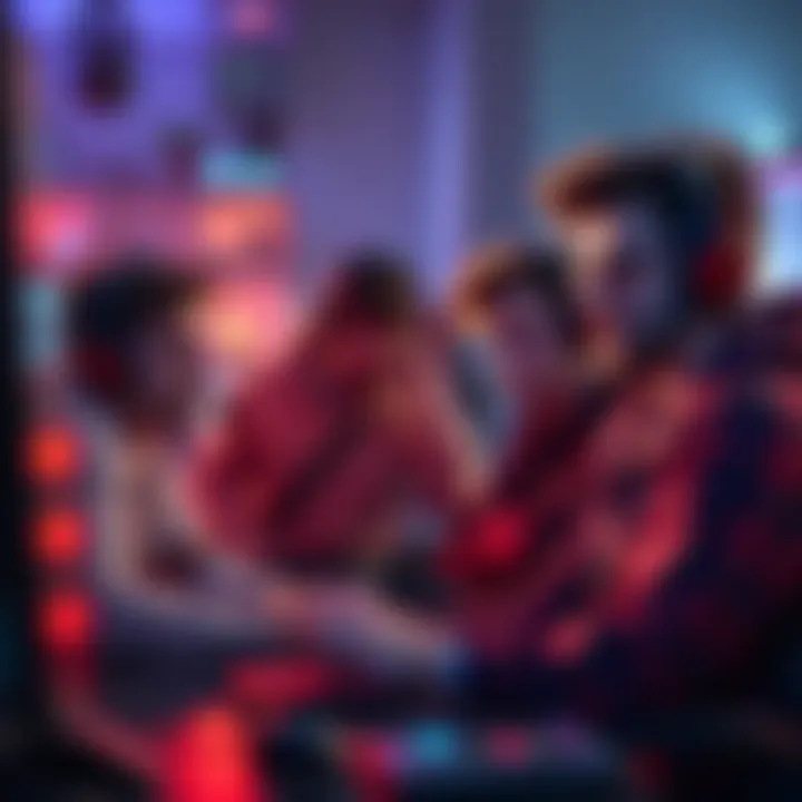 A group of gamers arguing over gameplay strategies in a competitive setting, showing frustration and tension