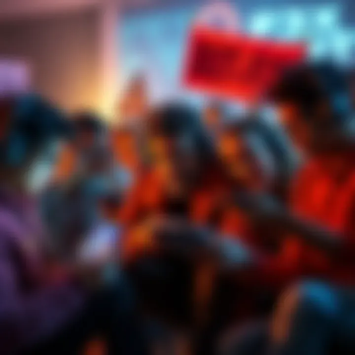 A group of frustrated gamers gathered around their devices, expressing their concerns about bot issues in a popular game, with banners calling for quick fixes