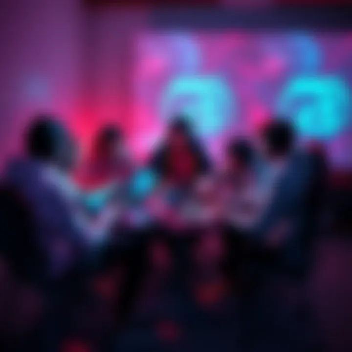 A group of gamers sharing their experiences about loss streaks and deranking while sitting around a table with gaming consoles and laptops.