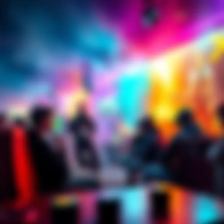 A group of gamers debating the impact of the secret MMR system on gameplay in a colorful gaming environment