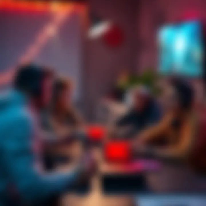 A group of gamers sitting together, talking about their favorite video games and sharing experiences, with game consoles and controllers on the table.