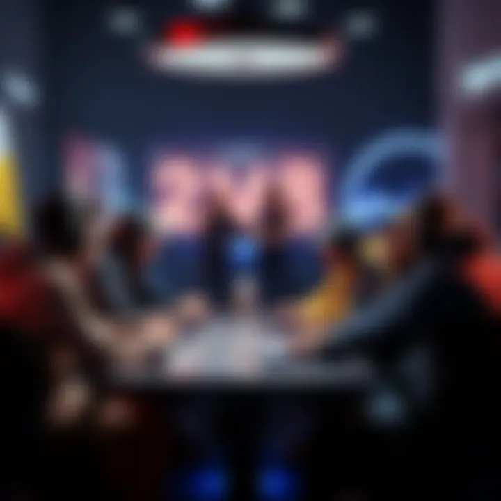 A group of gamers at a table, sharing opinions about the 2v8 gaming mode and its challenges