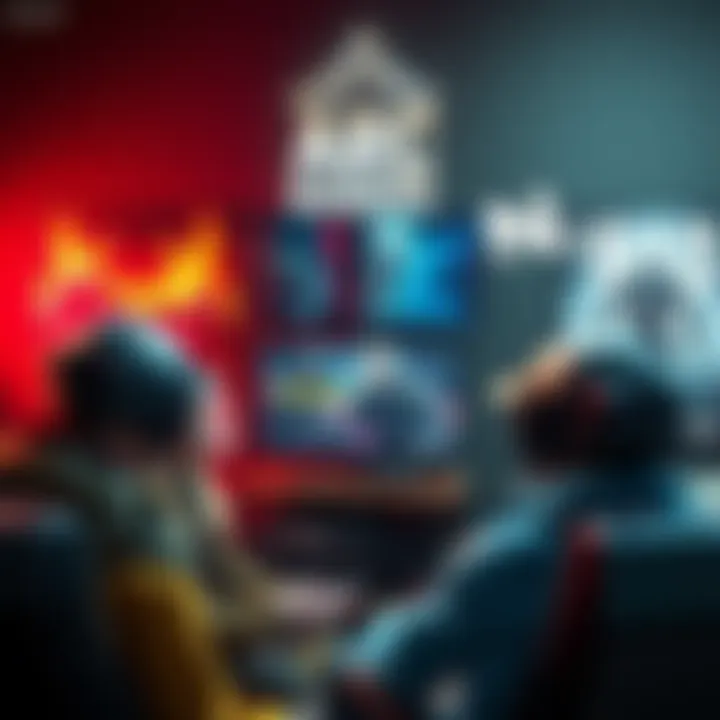 Gamers discussing Arc Raiders Group of gamers talking about Arc Raiders, featuring a console and game posters in the background