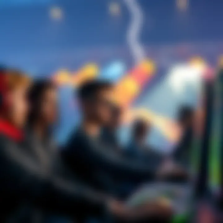 A group of gamers sitting in front of screens, discussing the phrase 'Cull the Weakest' and its impact on gameplay, showing expressions of concern and curiosity.